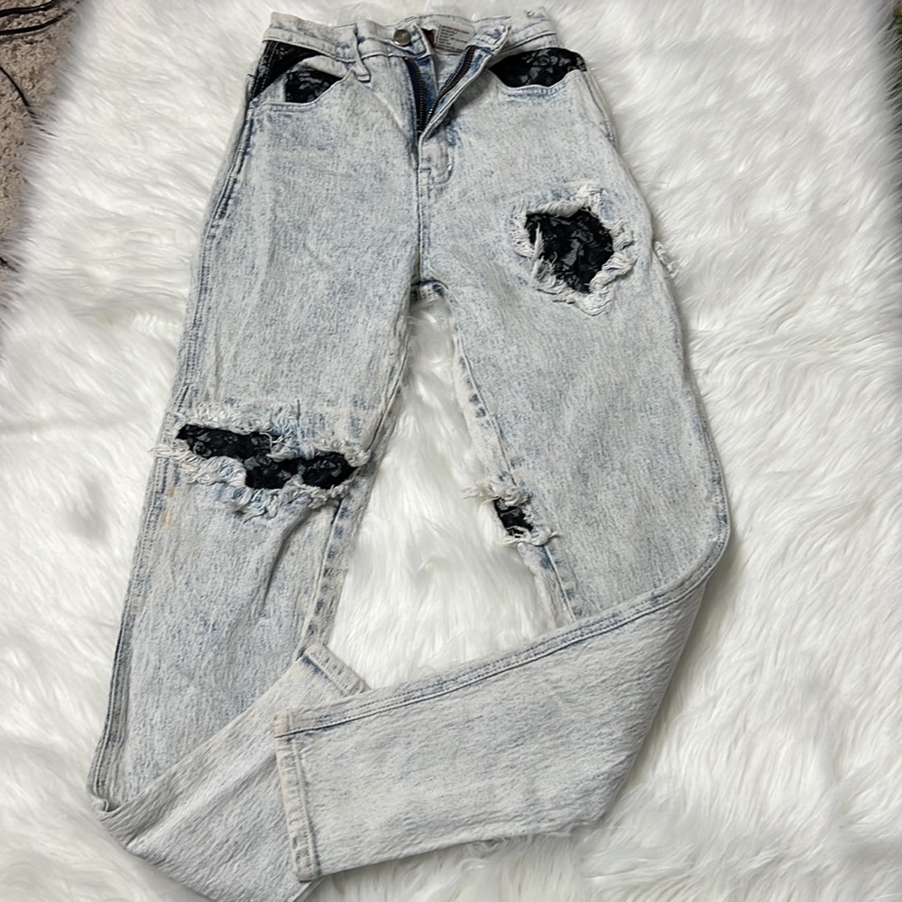 Stefano sz 4 vintage acid wash jeans w/ lace accents 80s 90s skinny - Picture 3 of 7